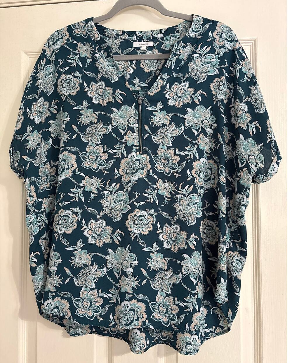 Maurices Quarter Zip Teal Floral Blouse, Women's XL